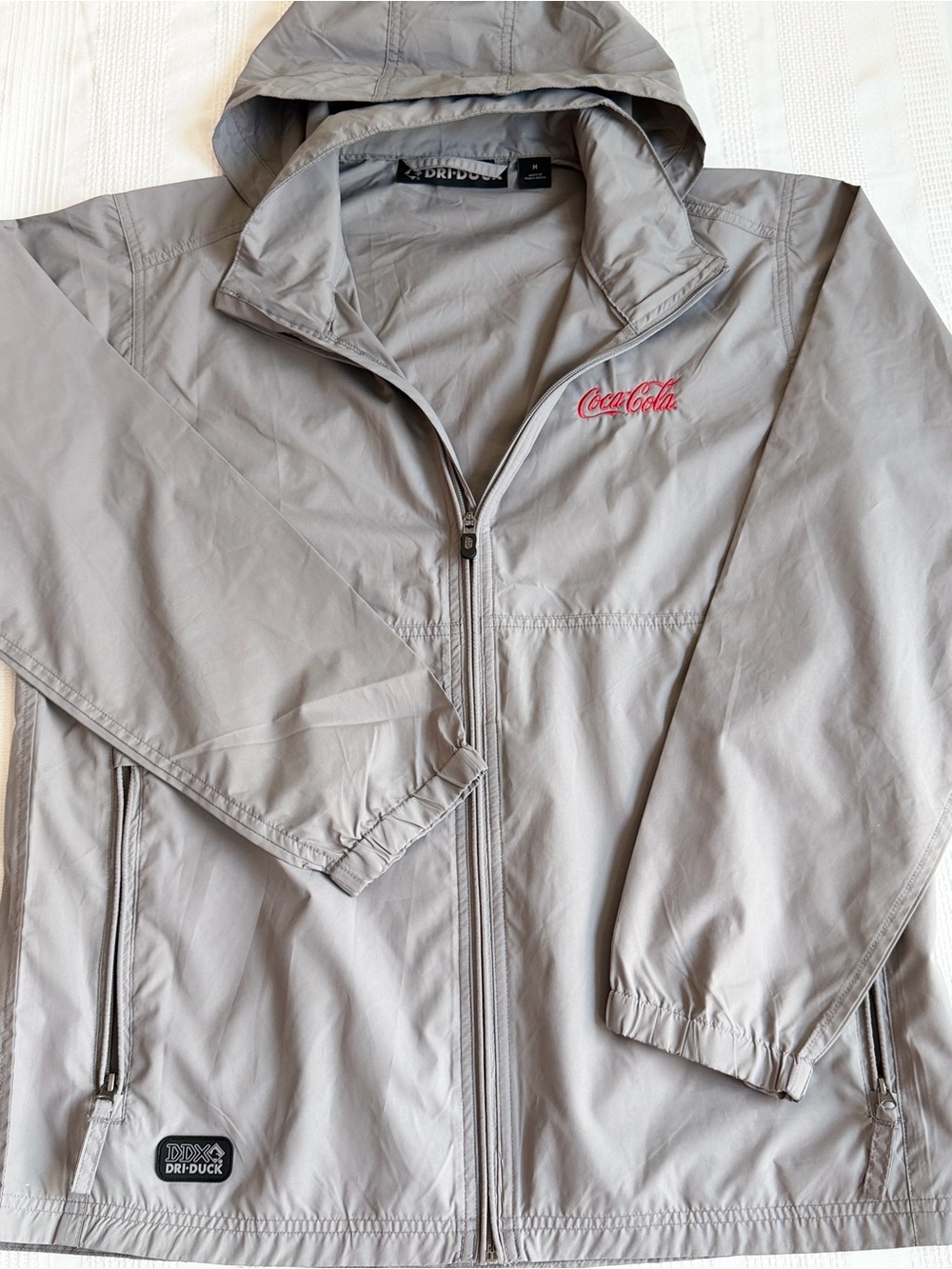 Coca-Cola Light Gray Hooded Windbreaker Jacket with Red Logo Size M